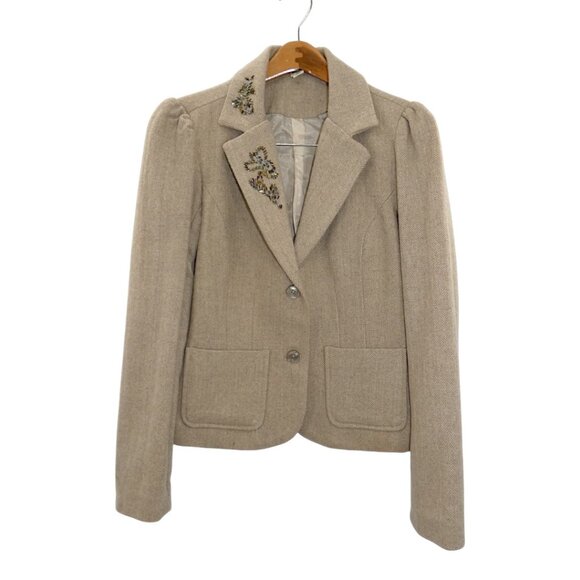 Vintage Y2K Old Navy Wool Tweed Blazer M Beige Embellished Collar Academia Prep - Picture 6 of 13